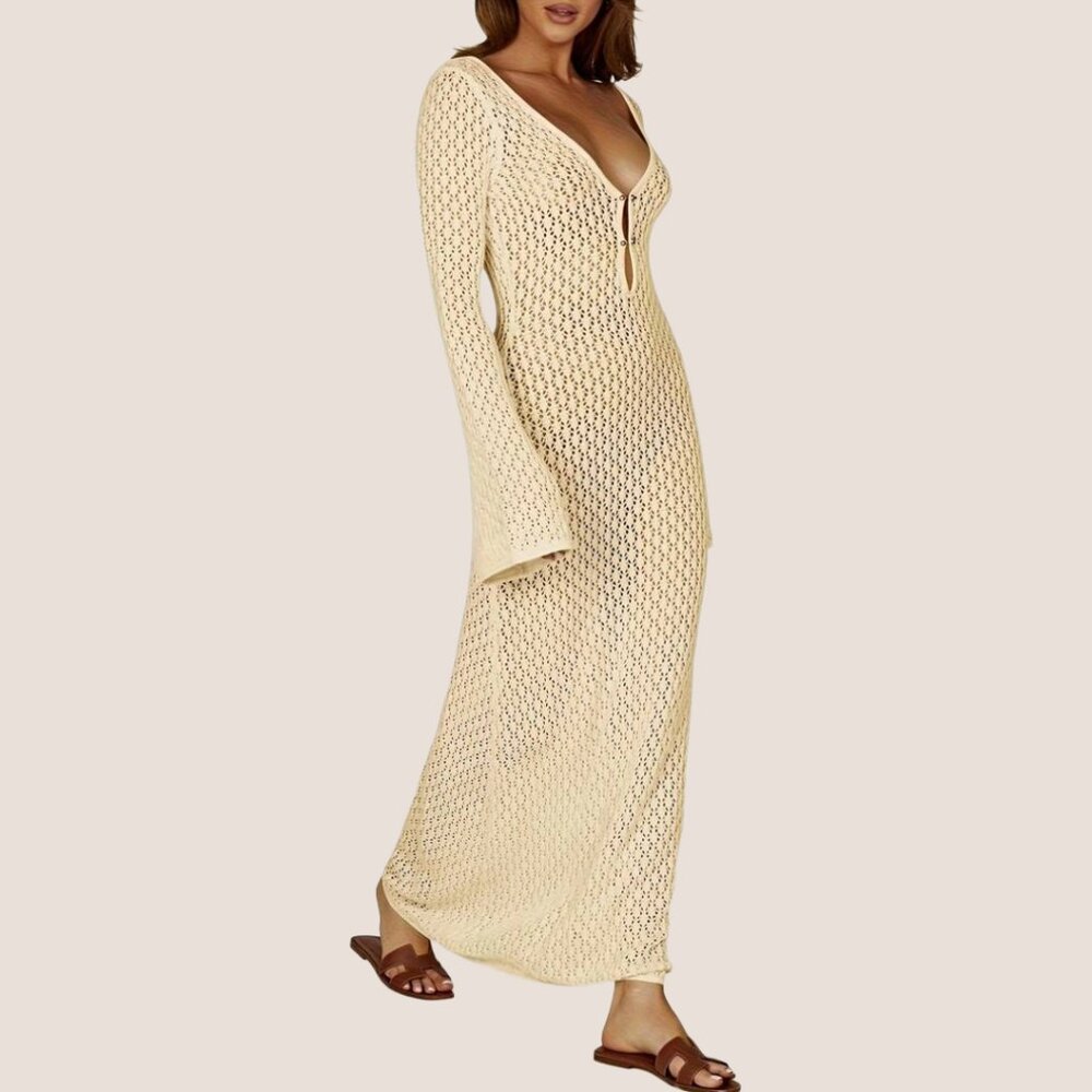 Cream Boho Sheer Knit Lightweight Long Sleeve Midi Dress Cover Up Cottagecore